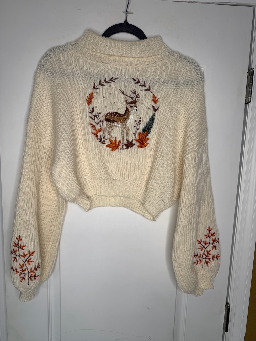 ROMWE Fairycore Cottagecore Cropped Turtleneck Sweater W/Embroidered Deer Sz L
